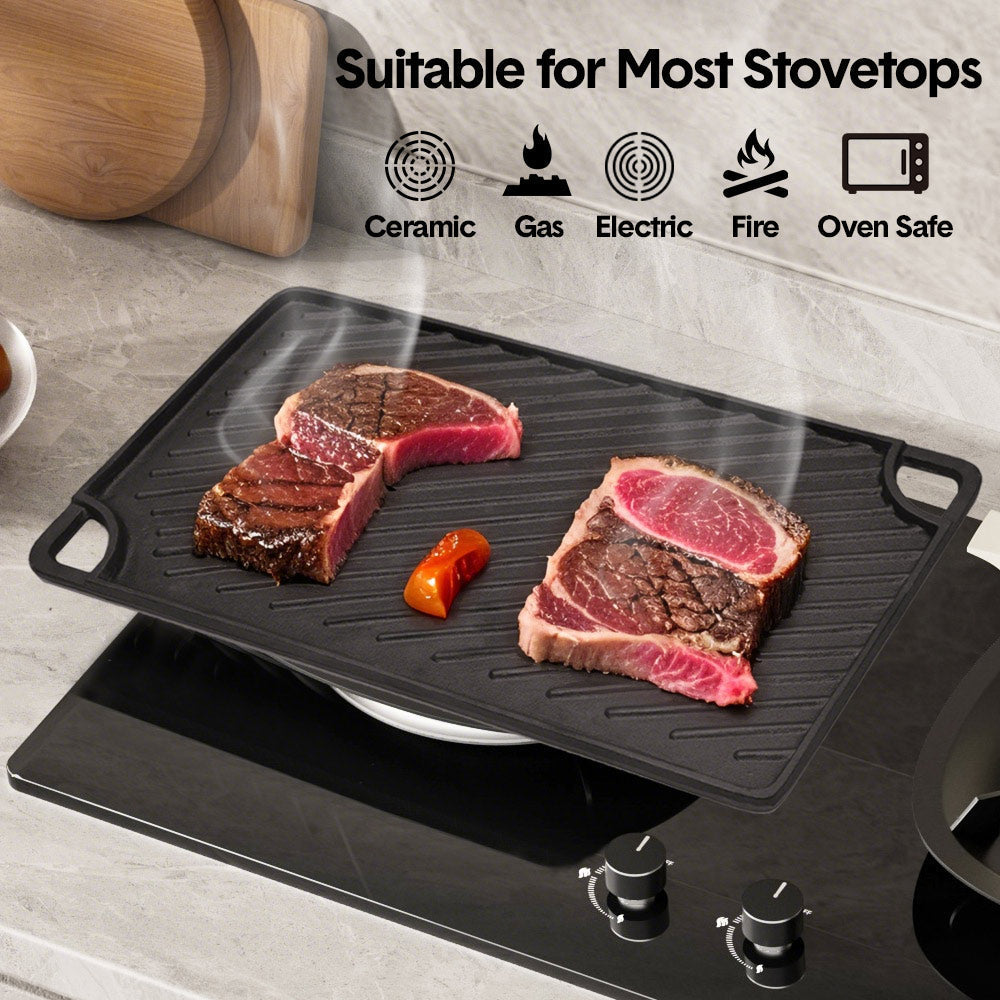 BBQ Tools: Reversible Cast Iron Griddle Rectangular BBQ Plate 43x24cm Double-Sided Flat Top Griddle Pan and Grooved Grill for Gas Stovetop Oven and Open Fire Black