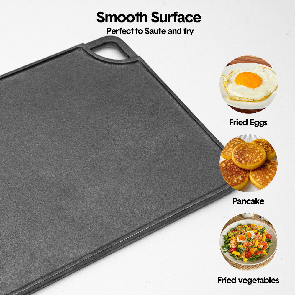 BBQ Tools: Reversible Cast Iron Griddle Rectangular BBQ Plate 43x24cm Double-Sided Flat Top Griddle Pan and Grooved Grill for Gas Stovetop Oven and Open Fire Black