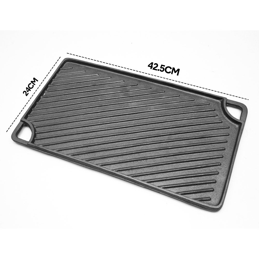 BBQ Tools: Reversible Cast Iron Griddle Rectangular BBQ Plate 43x24cm Double-Sided Flat Top Griddle Pan and Grooved Grill for Gas Stovetop Oven and Open Fire Black