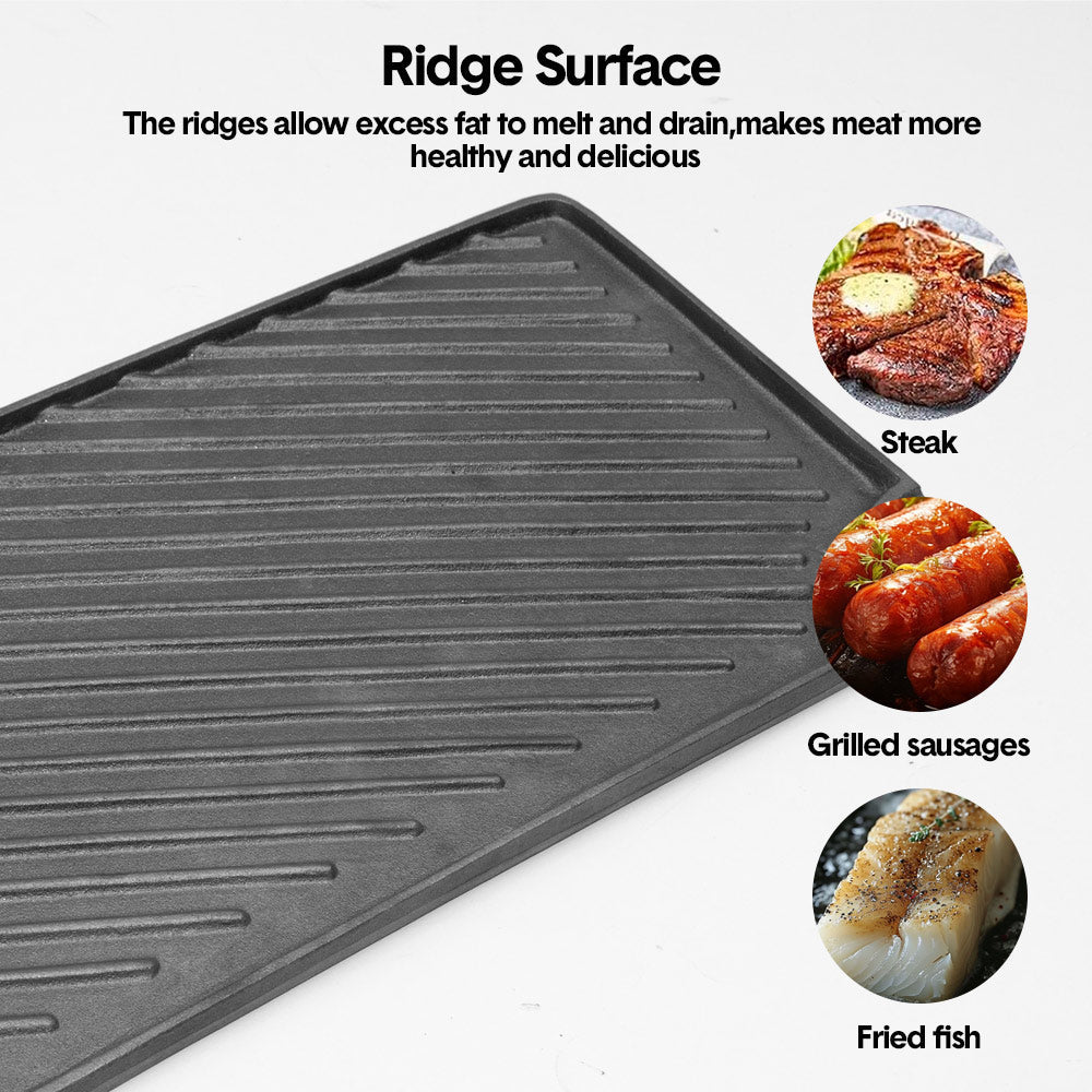 BBQ Tools: Reversible Cast Iron Griddle Rectangular BBQ Plate 43x24cm Double-Sided Flat Top Griddle Pan and Grooved Grill for Gas Stovetop Oven and Open Fire Black