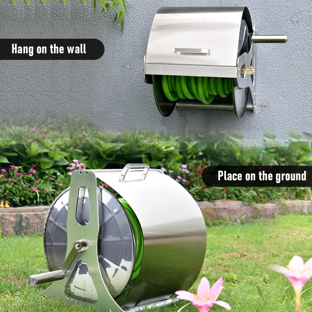 Large Stainless Steel Garden Hose Reel Cart Portable Pipe Holder With Rainproof Sunscreen Protection Lid and Crank Handle