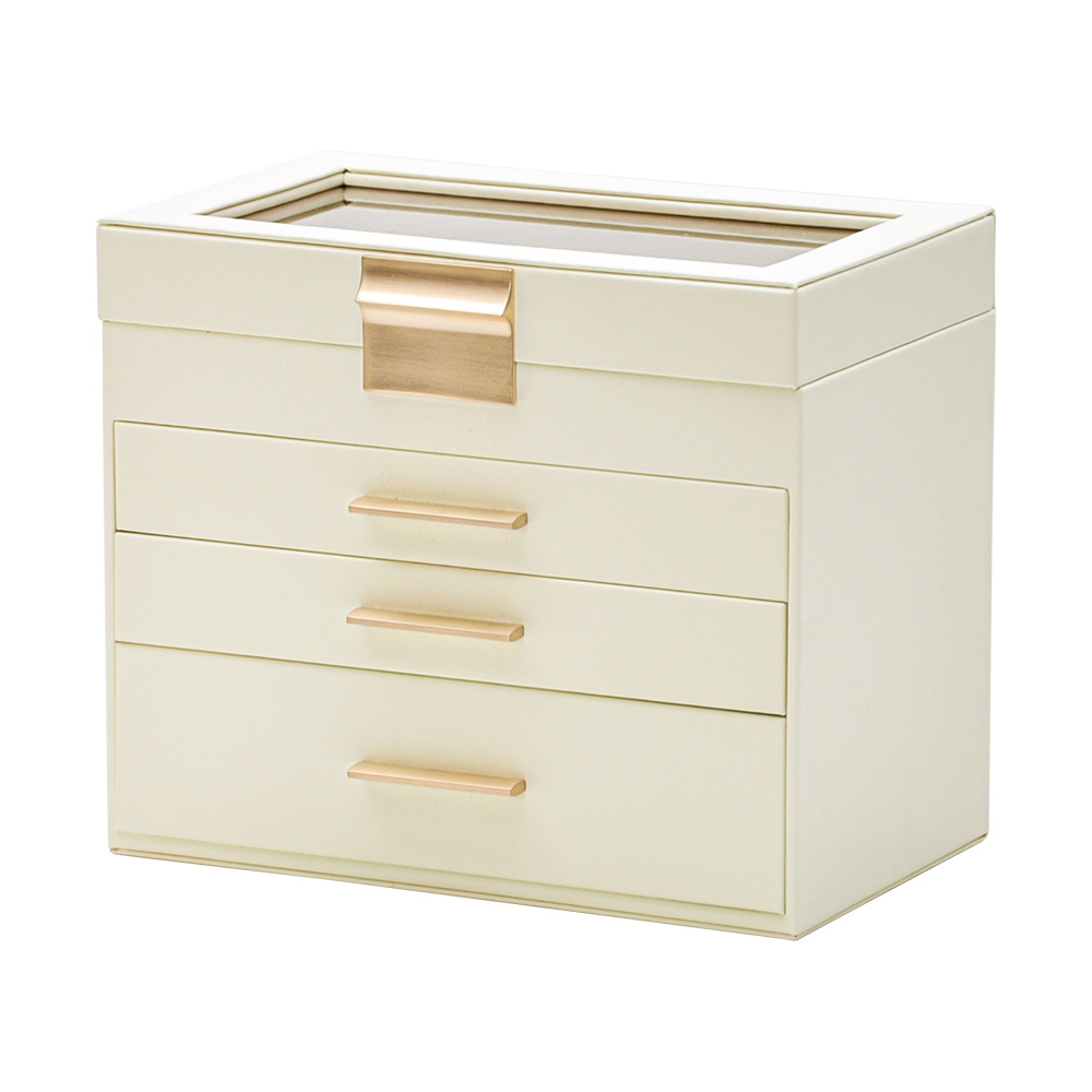 Makeup Organisation & Storage: 4 Layer Jewelry Box PU Leather Jewellery Organizer Multi-functional Storage Case with Clear Glass Lid and 3 Drawers for Necklaces Rings Earrings Watches