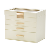Makeup Organisation & Storage: 4 Layer Jewelry Box PU Leather Jewellery Organizer Multi-functional Storage Case with Clear Glass Lid and 3 Drawers for Necklaces Rings Earrings Watches