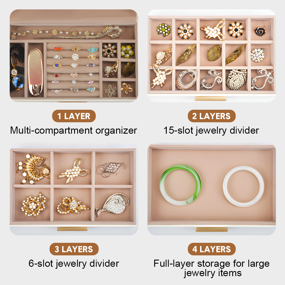 Makeup Organisation & Storage: 4 Layer Jewelry Box PU Leather Jewellery Organizer Multi-functional Storage Case with Clear Glass Lid and 3 Drawers for Necklaces Rings Earrings Watches