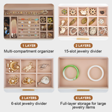 Makeup Organisation & Storage: 4 Layer Jewelry Box PU Leather Jewellery Organizer Multi-functional Storage Case with Clear Glass Lid and 3 Drawers for Necklaces Rings Earrings Watches