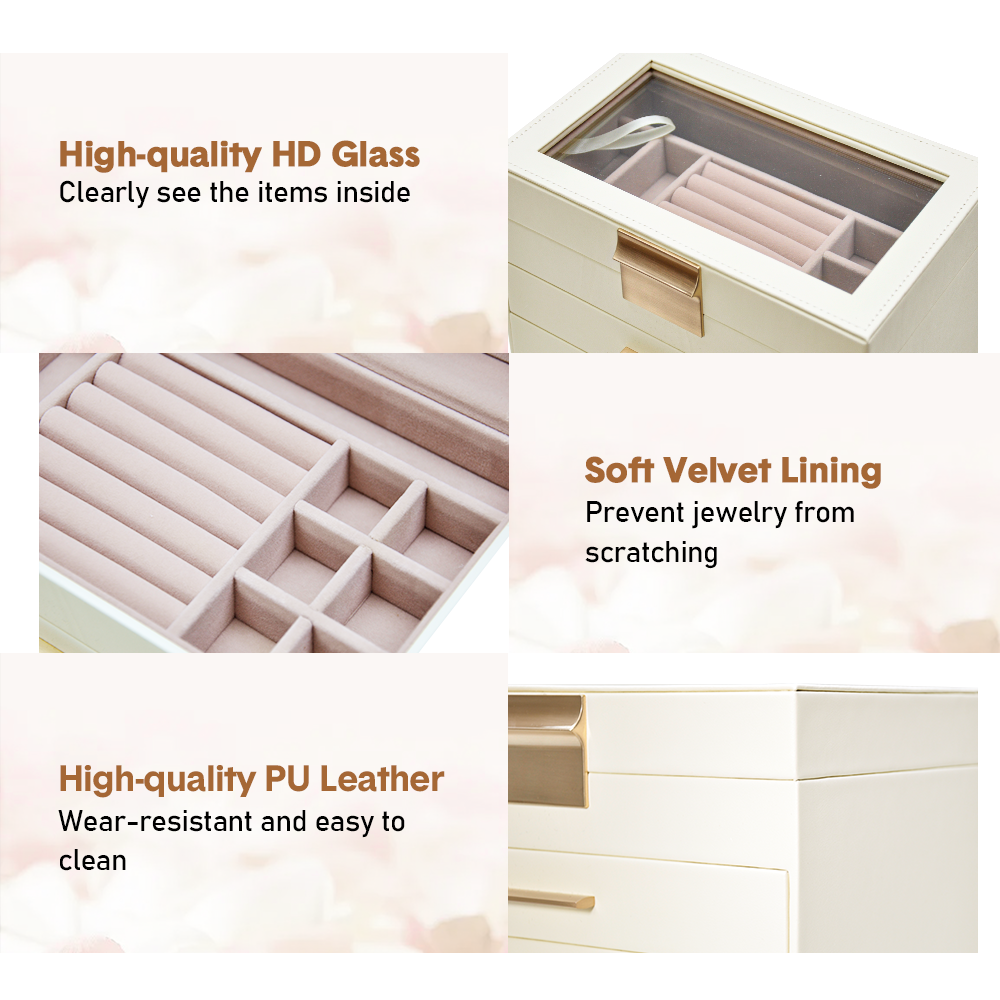 Makeup Organisation & Storage: 4 Layer Jewelry Box PU Leather Jewellery Organizer Multi-functional Storage Case with Clear Glass Lid and 3 Drawers for Necklaces Rings Earrings Watches