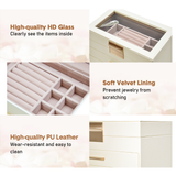 Makeup Organisation & Storage: 4 Layer Jewelry Box PU Leather Jewellery Organizer Multi-functional Storage Case with Clear Glass Lid and 3 Drawers for Necklaces Rings Earrings Watches
