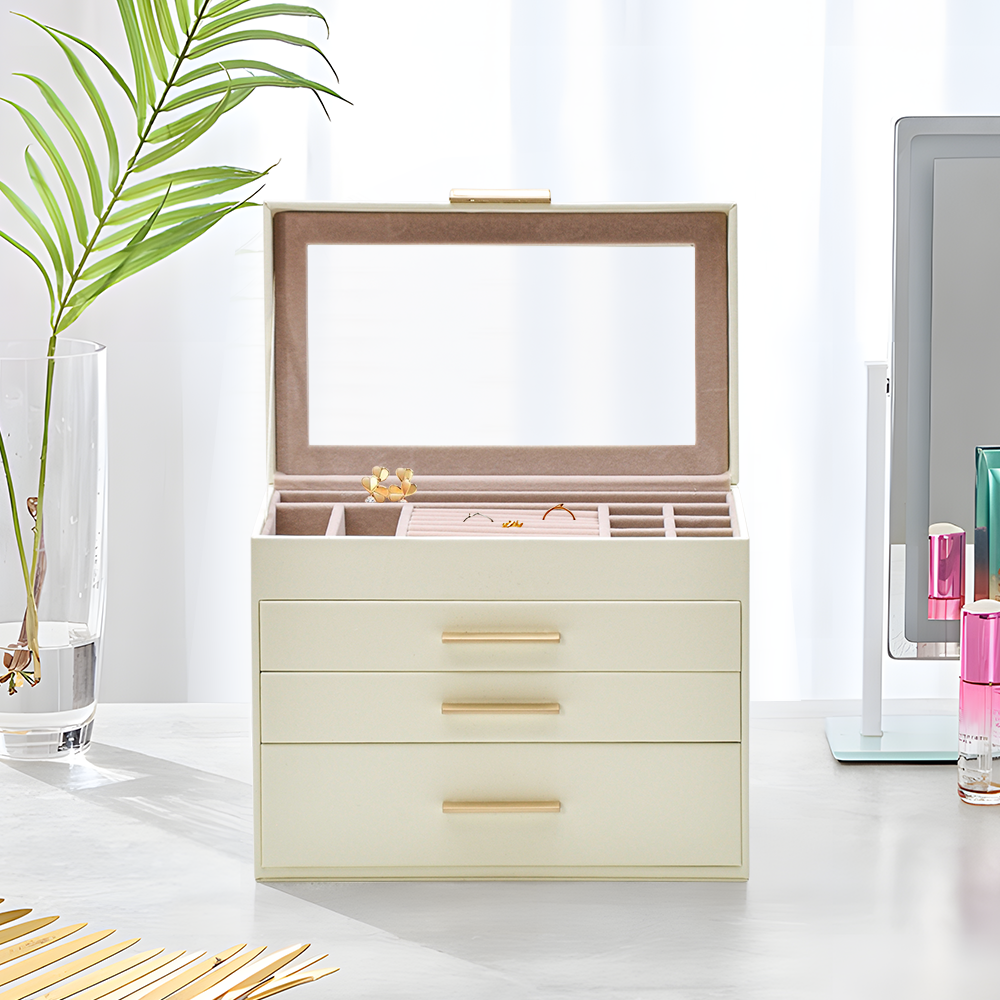 Makeup Organisation & Storage: 4 Layer Jewelry Box PU Leather Jewellery Organizer Multi-functional Storage Case with Clear Glass Lid and 3 Drawers for Necklaces Rings Earrings Watches