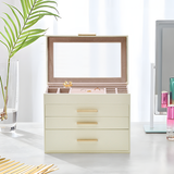 Makeup Organisation & Storage: 4 Layer Jewelry Box PU Leather Jewellery Organizer Multi-functional Storage Case with Clear Glass Lid and 3 Drawers for Necklaces Rings Earrings Watches