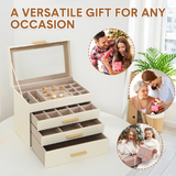 Makeup Organisation & Storage: 4 Layer Jewelry Box PU Leather Jewellery Organizer Multi-functional Storage Case with Clear Glass Lid and 3 Drawers for Necklaces Rings Earrings Watches
