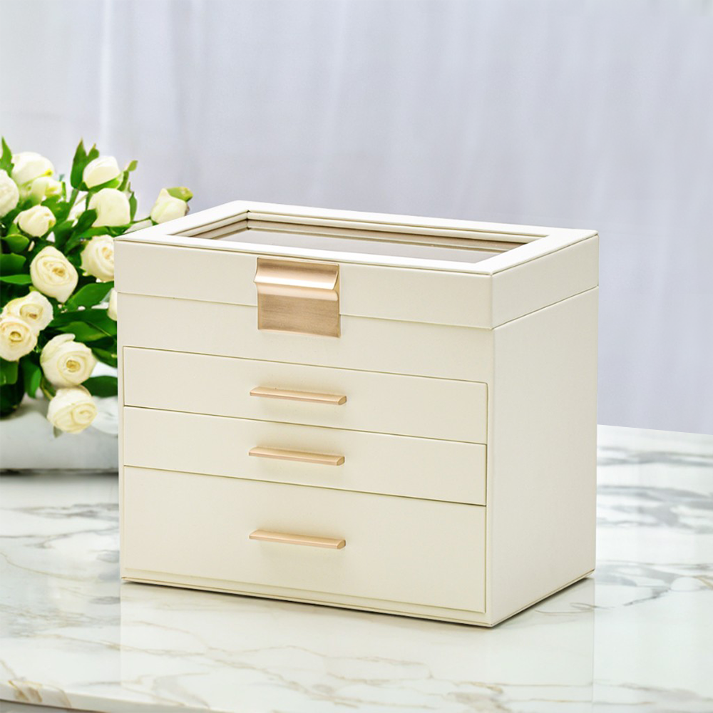 Makeup Organisation & Storage: 4 Layer Jewelry Box PU Leather Jewellery Organizer Multi-functional Storage Case with Clear Glass Lid and 3 Drawers for Necklaces Rings Earrings Watches