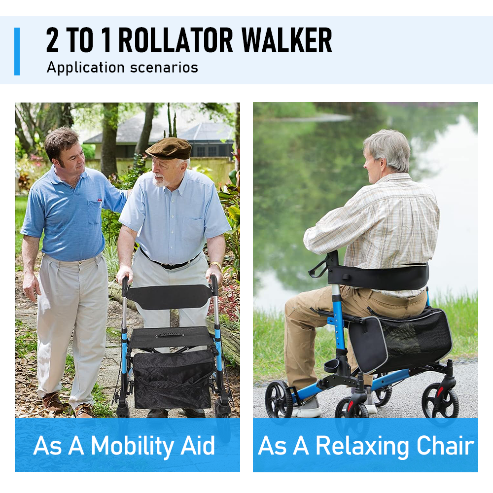 Mobility & Accessibility: Alston 2 In 1 Foldable X-Fold Mobility Walker Rollator Chair Aid 8 Inch Wheel Max Load 136KG with Zippered Storage Bag for Elderly Seniors Indoor Outdoor Use