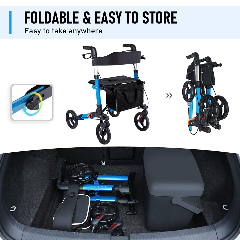 Mobility & Accessibility: Alston 2 In 1 Foldable X-Fold Mobility Walker Rollator Chair Aid 8 Inch Wheel Max Load 136KG with Zippered Storage Bag for Elderly Seniors Indoor Outdoor Use