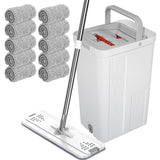 Laundry Cleaning Supplies: Flat D Set Mop and Bucket Wringer Set with Stainless-Steel Handle 10 Washable and Reusable Microfiber Pads for Hardwood Laminate Floors Tile