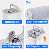 Laundry Cleaning Supplies: Flat D Set Mop and Bucket Wringer Set with Stainless-Steel Handle 10 Washable and Reusable Microfiber Pads for Hardwood Laminate Floors Tile
