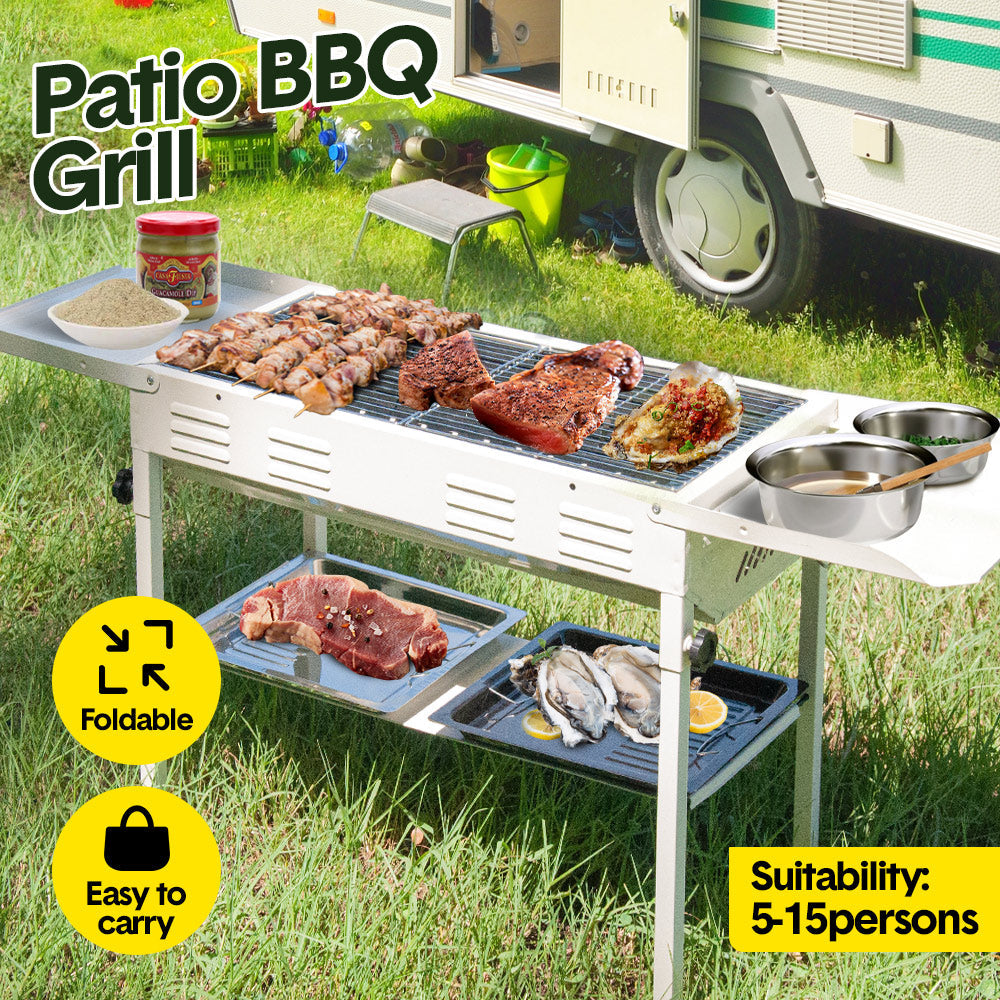 BBQ Tools: Portable Large Barbecue Charcoal Grill Stove Foldable Kebab Stainless Steel BBQ Grill With 2 Grill Nets 2 Enamel Baking Pans And Tong Outdoor Camping Patio