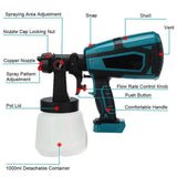 Painting Tools: 1400ml Cordless High Pressure Spray Gun Flow Adjustable Spray Gun Paint Sprayer Home Interior Exterior With 2 Nozzles For Makita 21V Battery-Skin Only