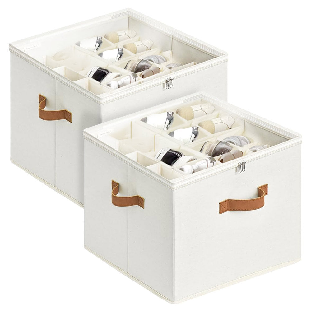 Clothing & Wardrobe Storage: 2 Pack Shoe Organizer Zipper Clear Lid Fabric Shoe Storage Box Space Saving Beige Shoe Holder for Closet and Adjustable Dividers Fits up to 16 Pairs