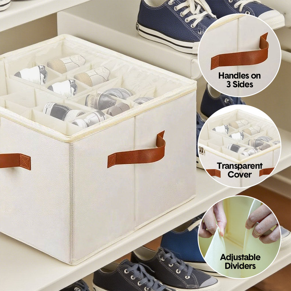 Clothing & Wardrobe Storage: 2 Pack Shoe Organizer Zipper Clear Lid Fabric Shoe Storage Box Space Saving Beige Shoe Holder for Closet and Adjustable Dividers Fits up to 16 Pairs