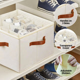 Clothing & Wardrobe Storage: 2 Pack Shoe Organizer Zipper Clear Lid Fabric Shoe Storage Box Space Saving Beige Shoe Holder for Closet and Adjustable Dividers Fits up to 16 Pairs