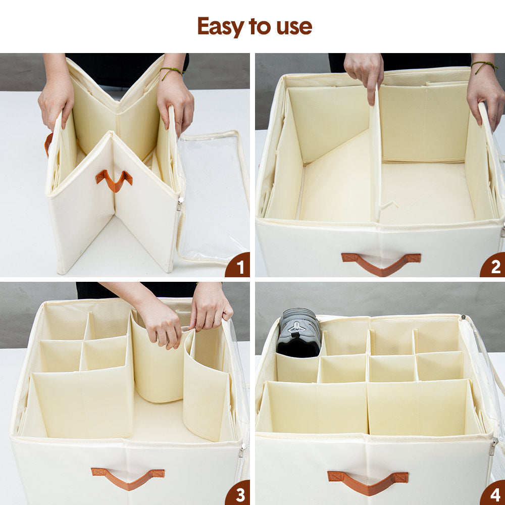 Clothing & Wardrobe Storage: 2 Pack Shoe Organizer Zipper Clear Lid Fabric Shoe Storage Box Space Saving Beige Shoe Holder for Closet and Adjustable Dividers Fits up to 16 Pairs