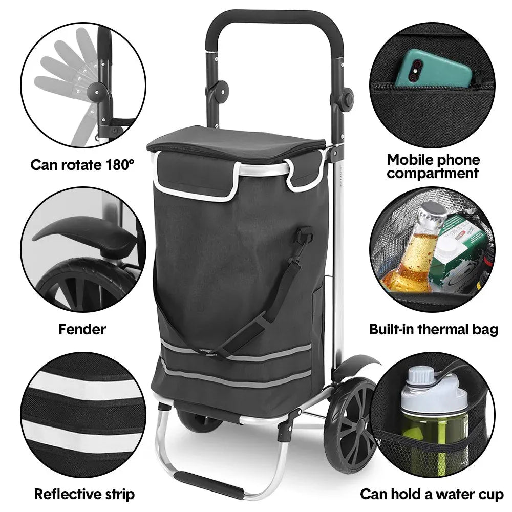 Foldable Shopping Trolley Cart Multifunctional Large Capacity Hand Carry Bag Aluminium Frame with Removable Zipped Bag Side Pockets and Wheels Black
