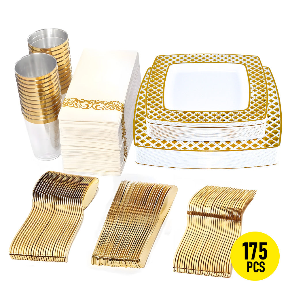 Dining Set: 175pcs Food-Grade Wedding Event Banquet Disposable Tableware Dinnerware Gold-Edged Plastic Cutlery Pack of 25 Dining Sets Square Plates Cutlery Napkins