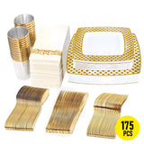 Dining Set: 175pcs Food-Grade Wedding Event Banquet Disposable Tableware Dinnerware Gold-Edged Plastic Cutlery Pack of 25 Dining Sets Square Plates Cutlery Napkins