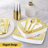 Dining Set: 175pcs Food-Grade Wedding Event Banquet Disposable Tableware Dinnerware Gold-Edged Plastic Cutlery Pack of 25 Dining Sets Square Plates Cutlery Napkins