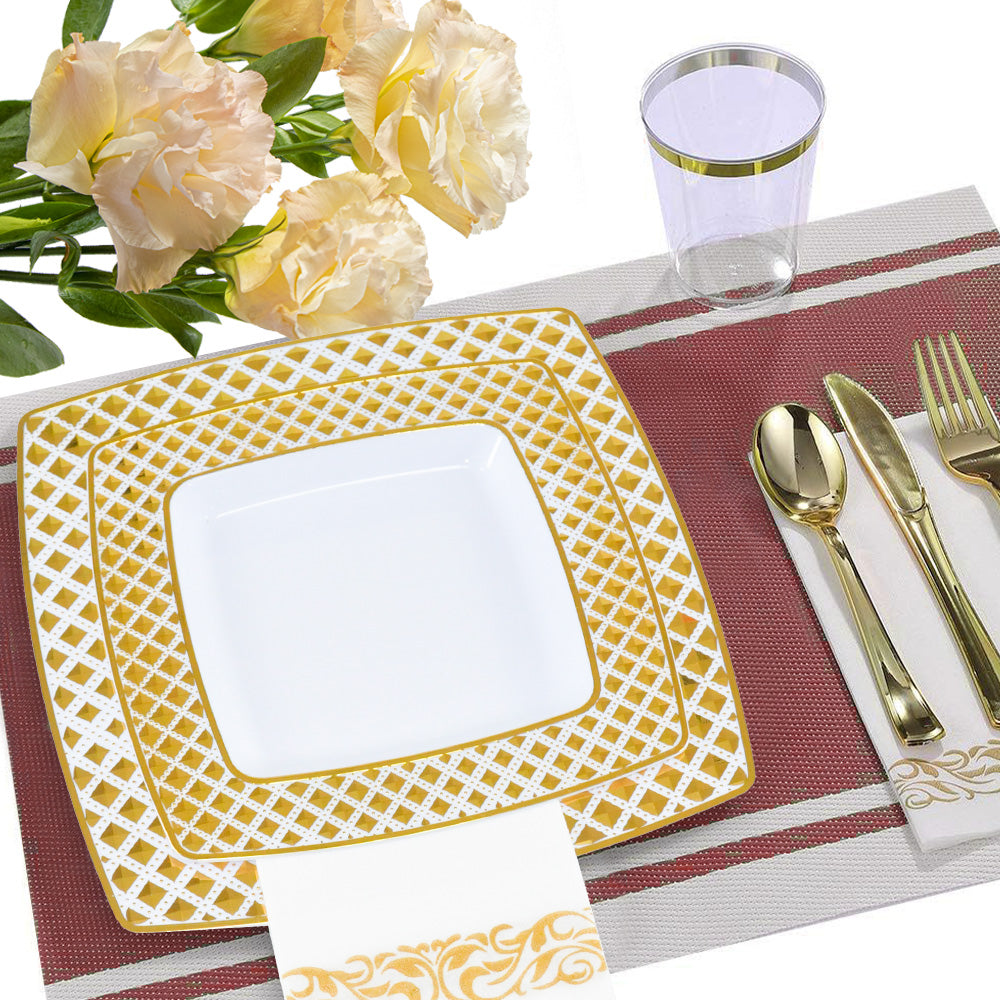 Dining Set: 175pcs Food-Grade Wedding Event Banquet Disposable Tableware Dinnerware Gold-Edged Plastic Cutlery Pack of 25 Dining Sets Square Plates Cutlery Napkins