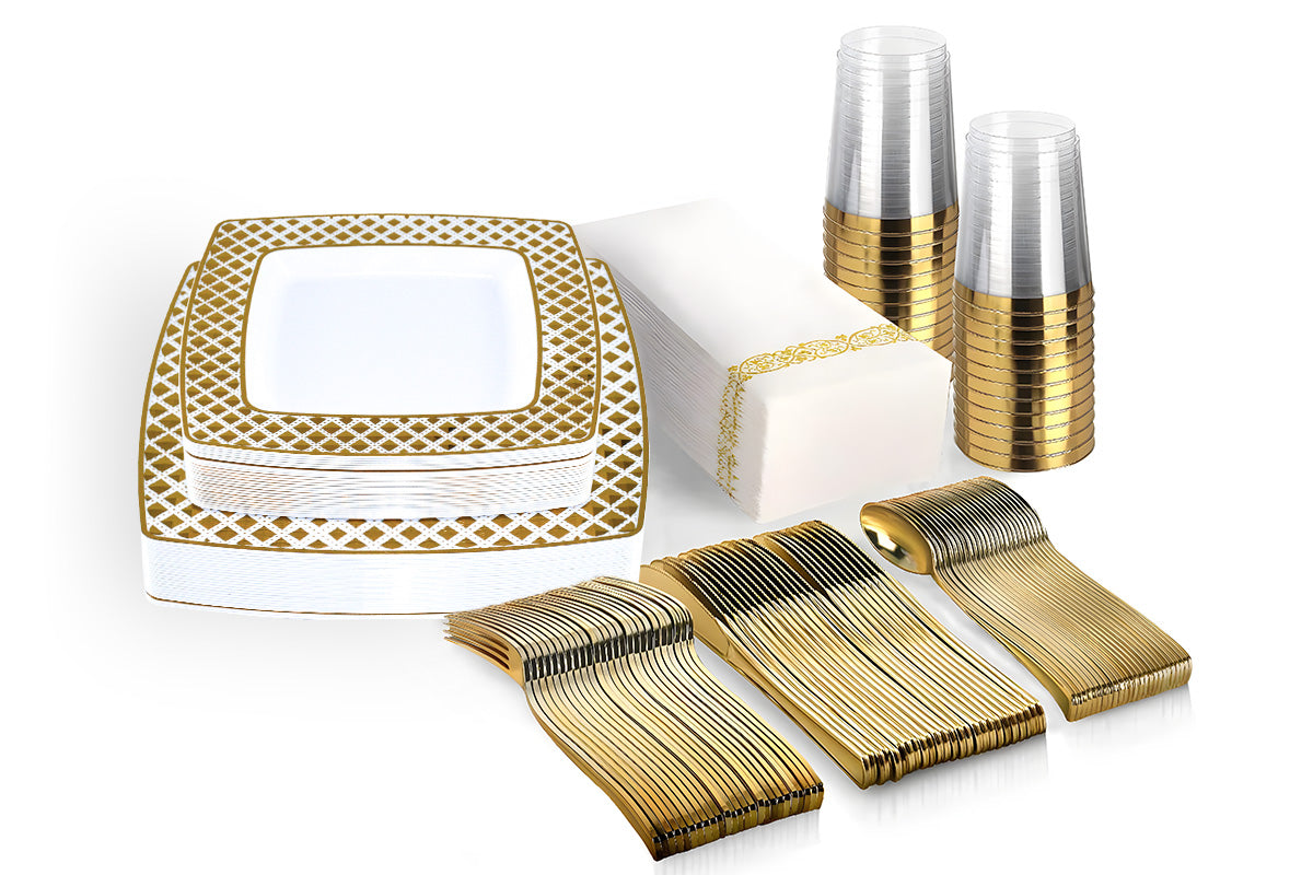 Dining Set: 175pcs Food-Grade Wedding Event Banquet Disposable Tableware Dinnerware Gold-Edged Plastic Cutlery Pack of 25 Dining Sets Square Plates Cutlery Napkins
