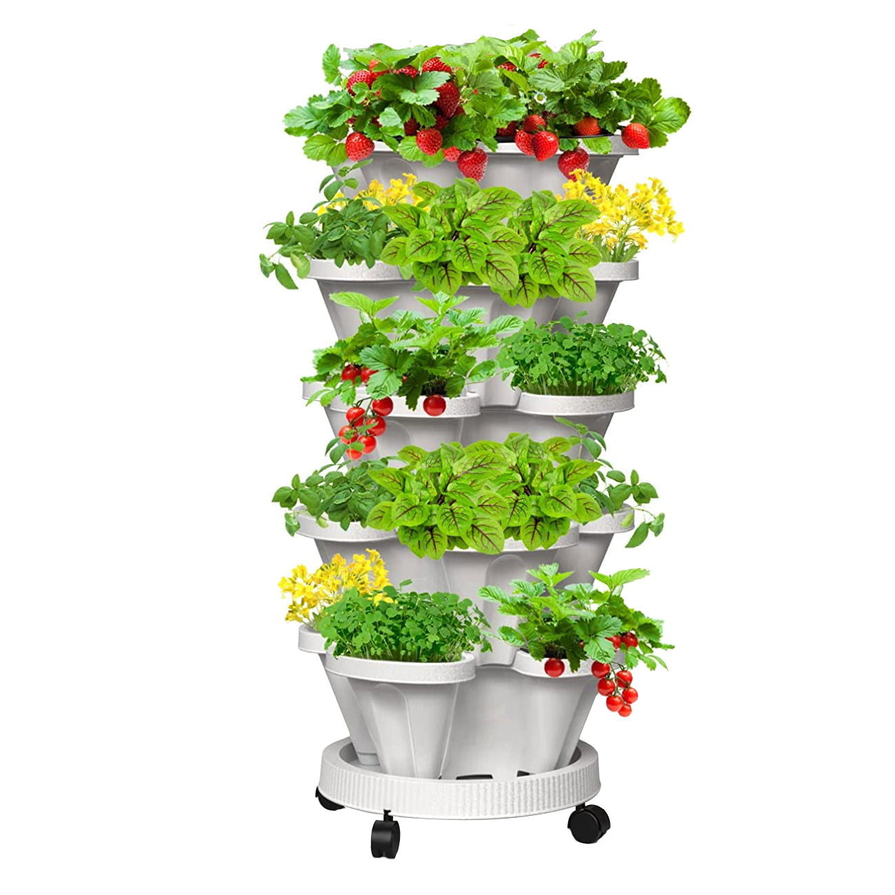Pots, Planters & Accessories: 5 Tier Stackable Planter Pots Vertical Garden Stacking Space Saving High Yield Ideal for Herbs Flower Plants Veggies With Wheel White 37cm Width