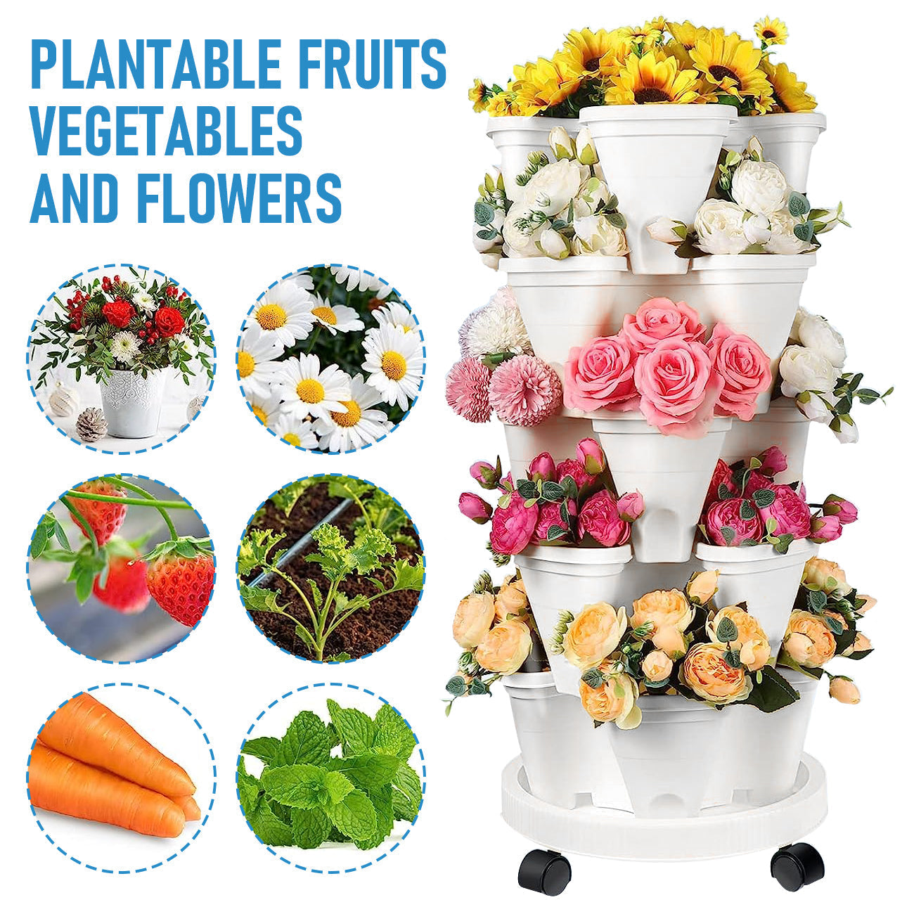 Pots, Planters & Accessories: 5 Tier Stackable Planter Pots Vertical Garden Stacking Space Saving High Yield Ideal for Herbs Flower Plants Veggies With Wheel White 37cm Width