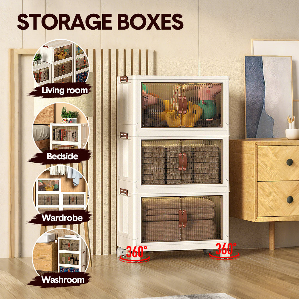 Makeup Organisation & Storage: Foldable Storage Cabinet Stackable Bins Household Plastic Closet Multi-purpose Organizer Doors and Top Lid 2 Way Opening with 360 Degree Rotatable Wheels