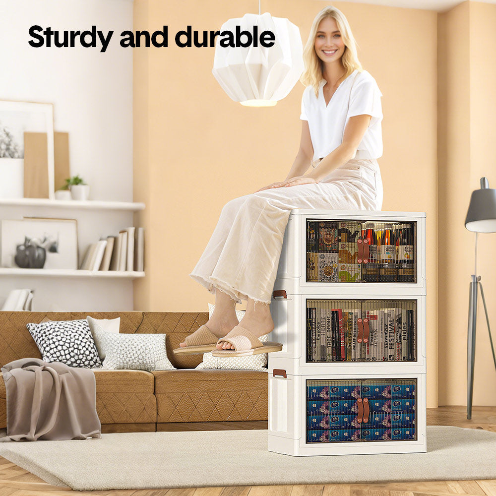 Makeup Organisation & Storage: Foldable Storage Cabinet Stackable Bins Household Plastic Closet Multi-purpose Organizer Doors and Top Lid 2 Way Opening with 360 Degree Rotatable Wheels