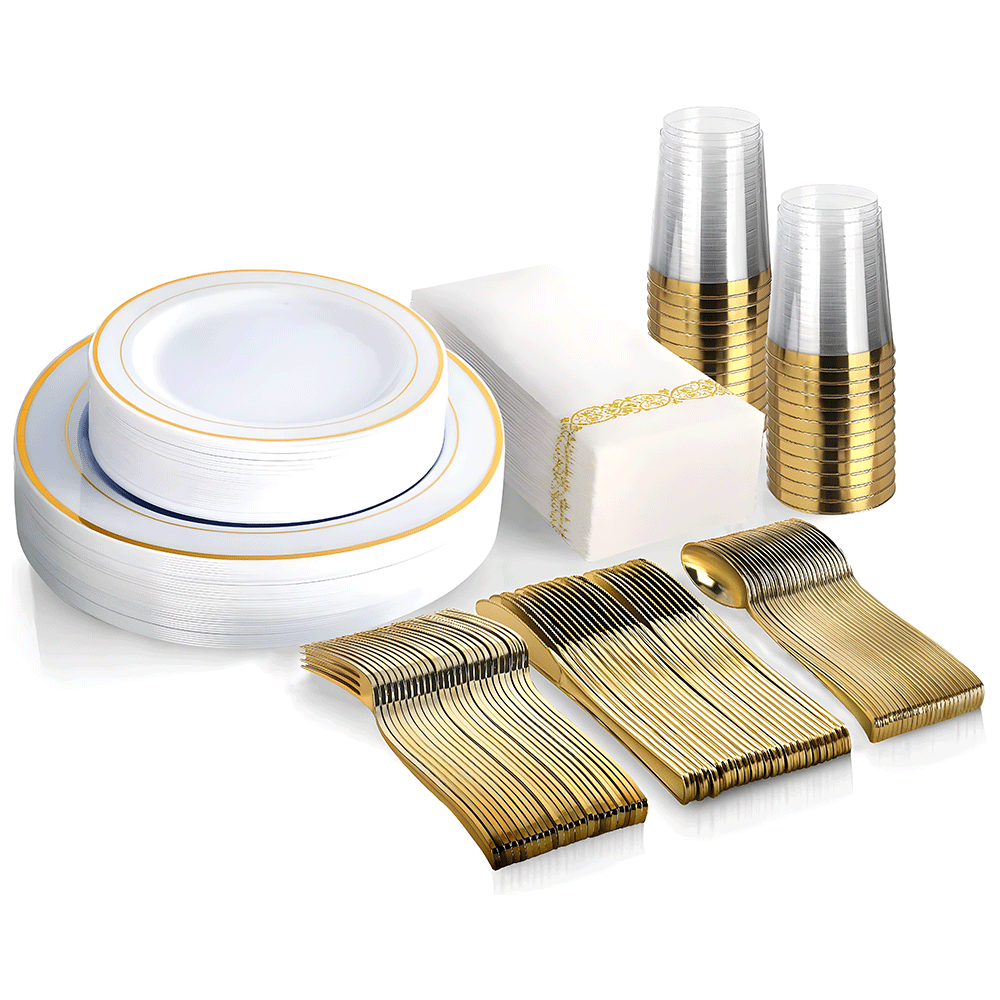 Dining Set: 175pcs Food-Grade Wedding Event Banquet Disposable Tableware Dinnerware Gold-Edged Plastic Cutlery Pack of 25 Dining Sets Plates Cutlery Napkins