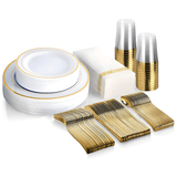 Dining Set: 175pcs Food-Grade Wedding Event Banquet Disposable Tableware Dinnerware Gold-Edged Plastic Cutlery Pack of 25 Dining Sets Plates Cutlery Napkins