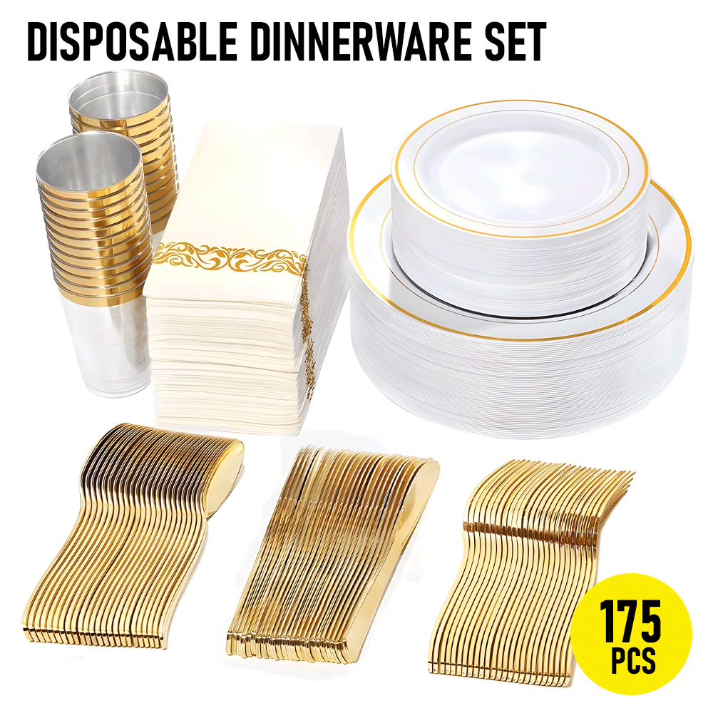 Dining Set: 175pcs Food-Grade Wedding Event Banquet Disposable Tableware Dinnerware Gold-Edged Plastic Cutlery Pack of 25 Dining Sets Plates Cutlery Napkins