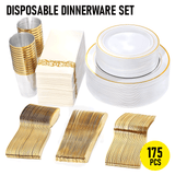 Dining Set: 175pcs Food-Grade Wedding Event Banquet Disposable Tableware Dinnerware Gold-Edged Plastic Cutlery Pack of 25 Dining Sets Plates Cutlery Napkins