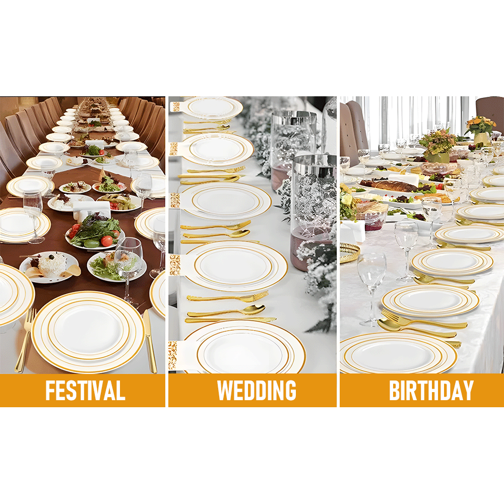 Dining Set: 175pcs Food-Grade Wedding Event Banquet Disposable Tableware Dinnerware Gold-Edged Plastic Cutlery Pack of 25 Dining Sets Plates Cutlery Napkins