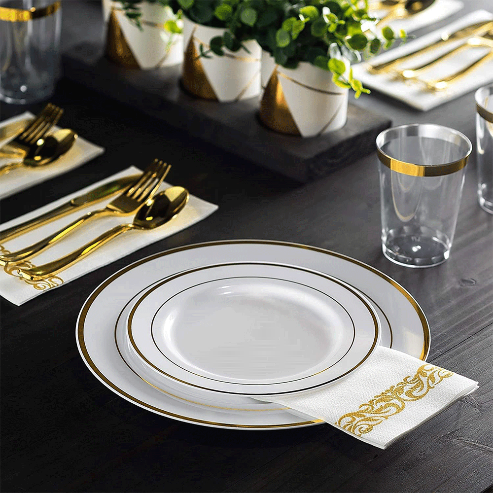 Dining Set: 175pcs Food-Grade Wedding Event Banquet Disposable Tableware Dinnerware Gold-Edged Plastic Cutlery Pack of 25 Dining Sets Plates Cutlery Napkins