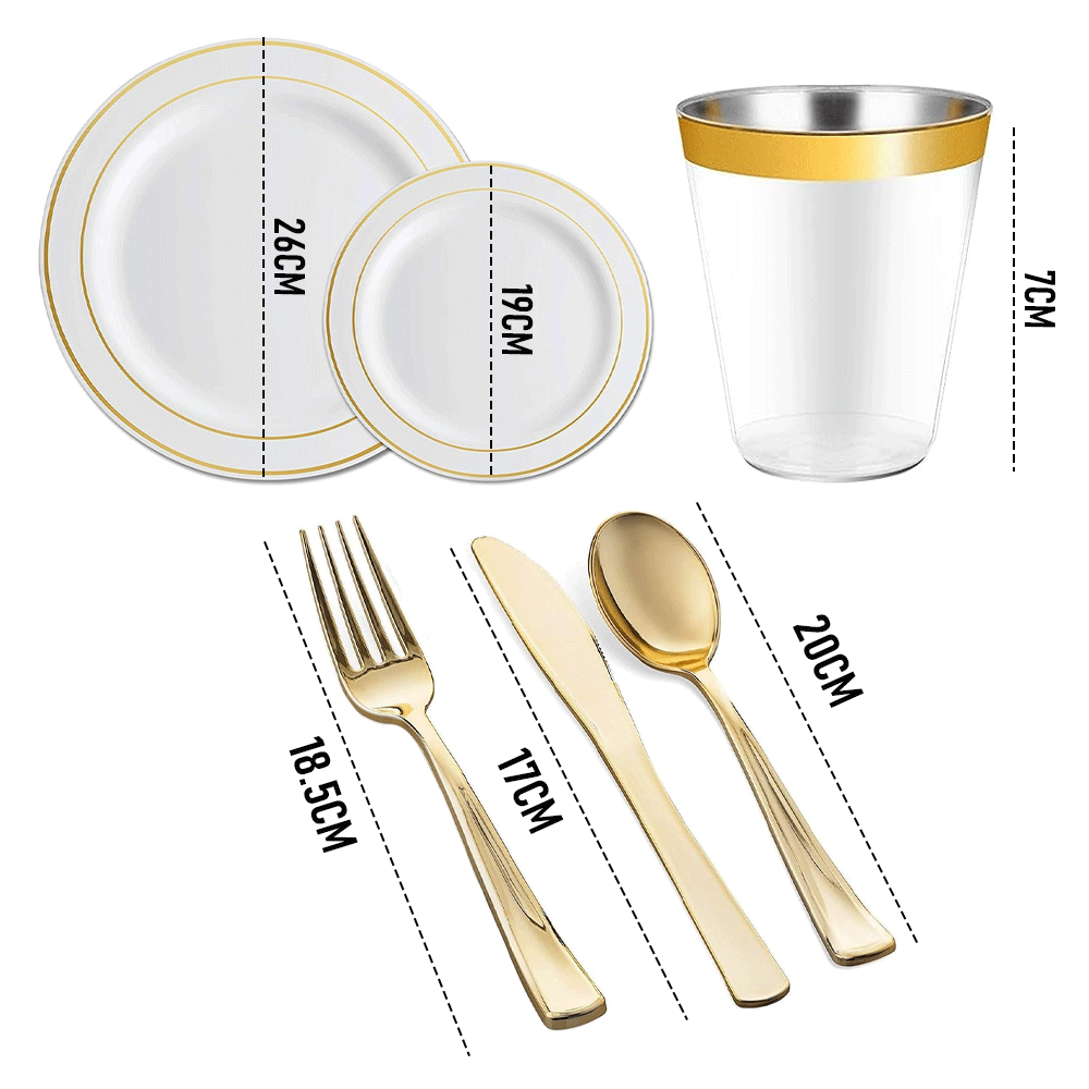 Dining Set: 175pcs Food-Grade Wedding Event Banquet Disposable Tableware Dinnerware Gold-Edged Plastic Cutlery Pack of 25 Dining Sets Plates Cutlery Napkins
