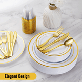 Dining Set: 175pcs Food-Grade Wedding Event Banquet Disposable Tableware Dinnerware Gold-Edged Plastic Cutlery Pack of 25 Dining Sets Plates Cutlery Napkins