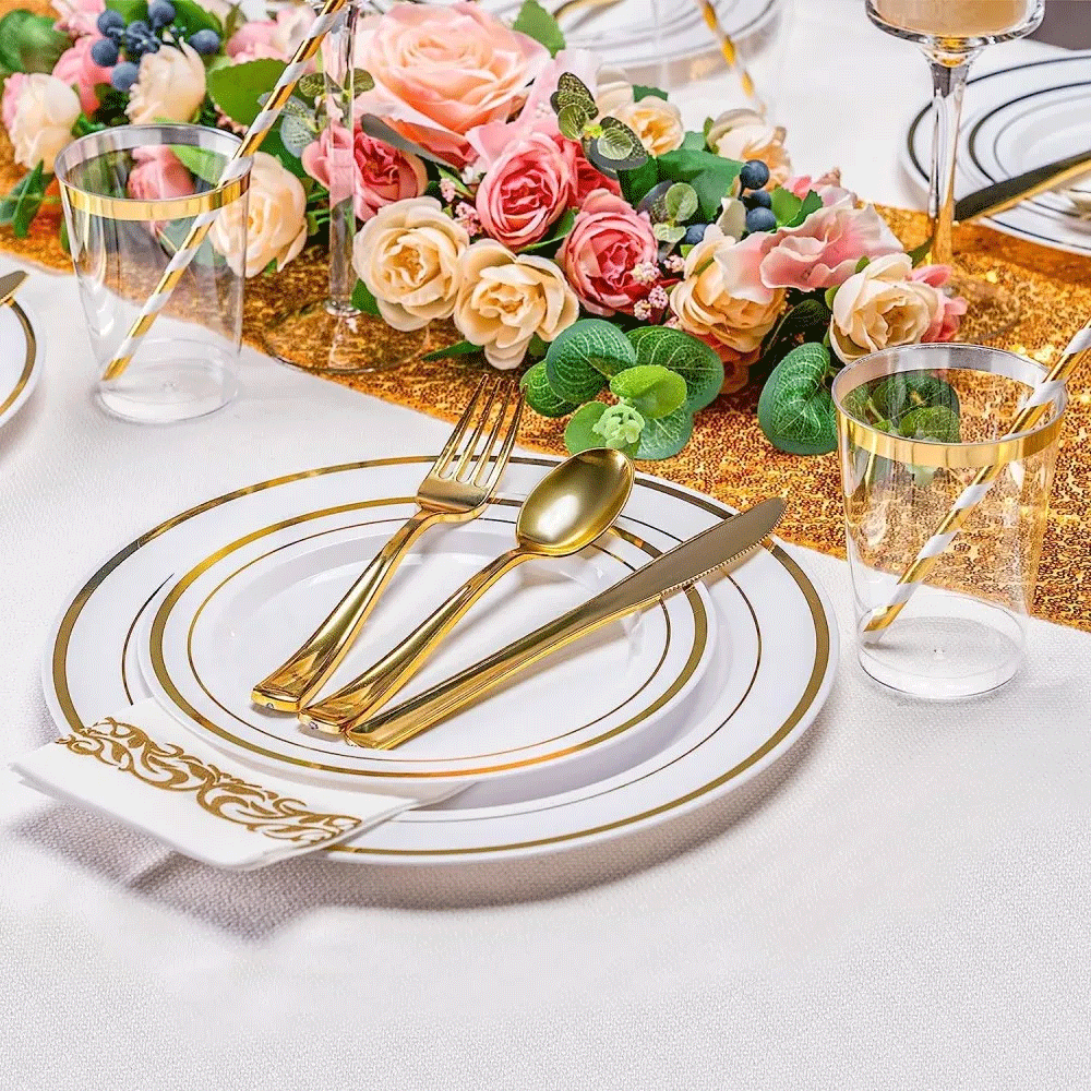 Dining Set: 175pcs Food-Grade Wedding Event Banquet Disposable Tableware Dinnerware Gold-Edged Plastic Cutlery Pack of 25 Dining Sets Plates Cutlery Napkins