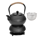 Drinkware: 1.2L Cast Iron Teapot and Warmer Set Tea Kettle Iron Bottle With Stainless Steel Mesh Infuser and Anti-Scald Handle Compatible with Multi-Heat Source Black