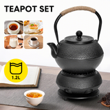 Drinkware: 1.2L Cast Iron Teapot and Warmer Set Tea Kettle Iron Bottle With Stainless Steel Mesh Infuser and Anti-Scald Handle Compatible with Multi-Heat Source Black