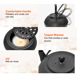 Drinkware: 1.2L Cast Iron Teapot and Warmer Set Tea Kettle Iron Bottle With Stainless Steel Mesh Infuser and Anti-Scald Handle Compatible with Multi-Heat Source Black