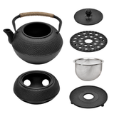 Drinkware: 1.2L Cast Iron Teapot and Warmer Set Tea Kettle Iron Bottle With Stainless Steel Mesh Infuser and Anti-Scald Handle Compatible with Multi-Heat Source Black