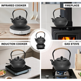 Drinkware: 1.2L Cast Iron Teapot and Warmer Set Tea Kettle Iron Bottle With Stainless Steel Mesh Infuser and Anti-Scald Handle Compatible with Multi-Heat Source Black