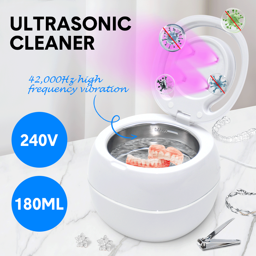 Jewellery Cleaners: Ultrasonic UV Cleaner Portable 42khz Dual Mode Cleaner 180-220ml with Chamber and Timer for Dentures Aligner Retainer Dental and Jewellery Cleaning Machine